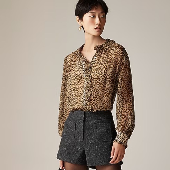 J crew Ruffle button-up shirt in leopard-print crinkle chiffon - Picture 1 of 6